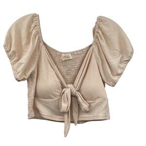 Listicle Womens Crop Top Knotted Front Short Sleeve Beige Size Large Padded